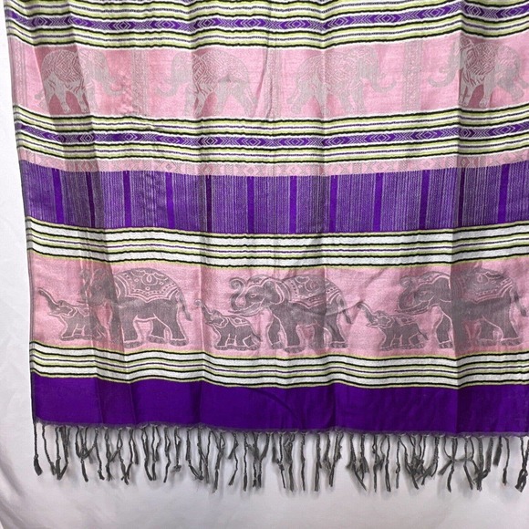 Pashmina Shawl Wrap Scarf Womens Purple Pink Gray w/ Elephant Print fringed ends - Picture 10 of 11